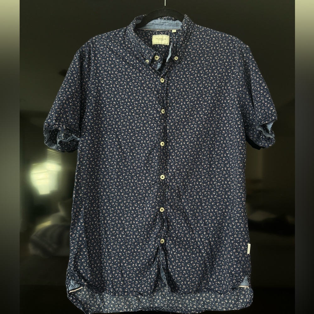 7 Diamonds Navy Micro Floral Short Sleeve Button-Up Shirt Business Casual Large